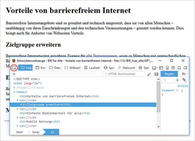 Ausschnitt einer Website mit eingeblendetem HTML Code, eine Überschrift der Ebene 2 ist hervorgehoben