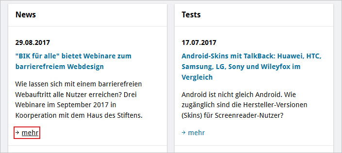 Ausschnitt der Webseite BIK für Alle, der fokussierte Link "mehr" ist rot umrandet