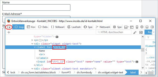 Formularfeld mit eingeblendetem HTML Code, die ID des Formularfeldes ist hervorgehoben.