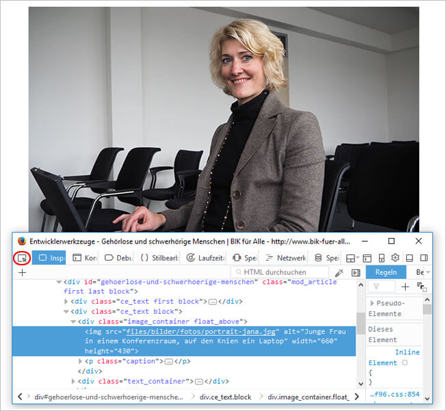 'Screenshot einer Grafik mit eingeblendetem HTML Code, der Alternativtext ist hervorgehoben