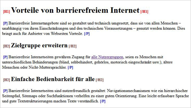 Screenshot einer Website, die Überschriften erster und zweiter Ordnung sind markiert