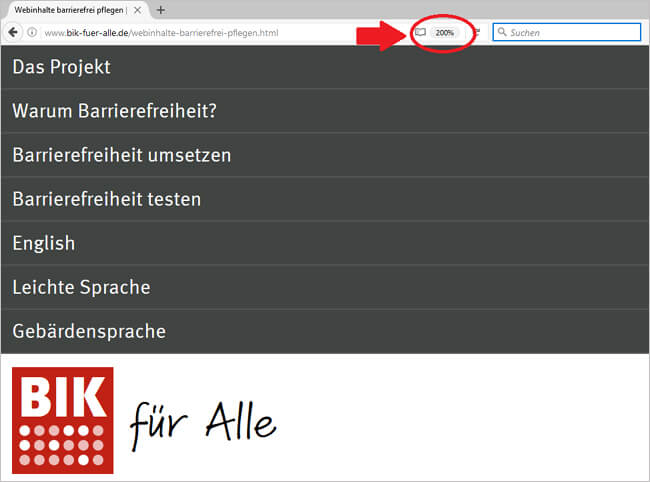 Ausschnitt der Webseite BIK für Alle bei Zoom auf 200%