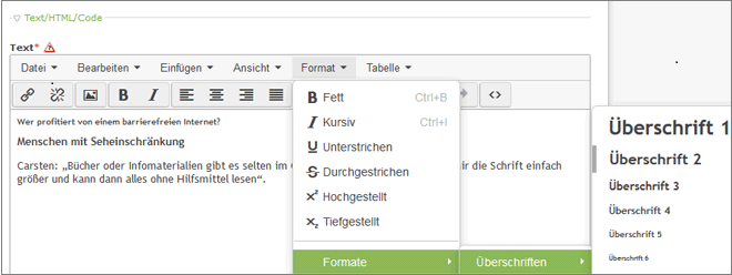 Screenshot der Ansicht des Redaktionssystems Contao mit Schaltflächen zur Auszeichnung von Überschriften