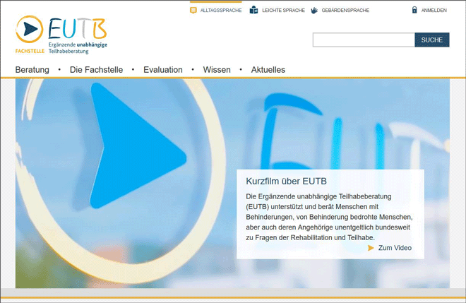 Startseite des Webangebots 'Ergänzende unabhängige Teilhabeberatung (EUTB)'