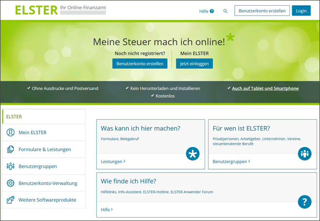 Startseite des Webangebots 'Mein ELSTER'