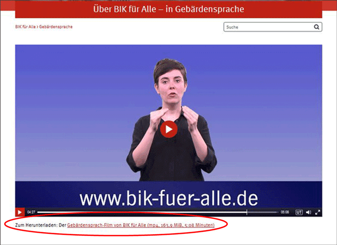 Screenshot unseres Gebärdensprachvideos, hervorgehoben ist der Download-Link