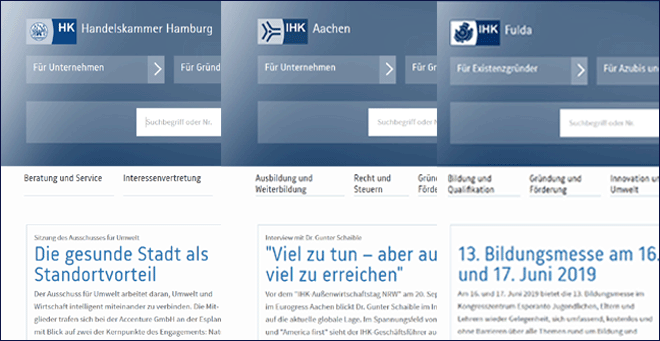 Screenshots von drei IHK-Websites, alle im gleichen Design