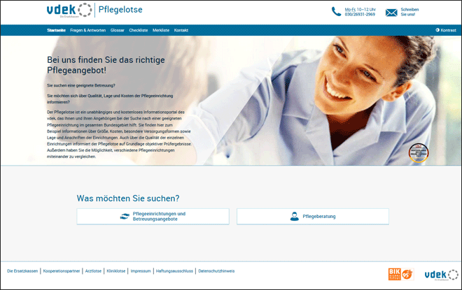 Startseite des Webangebots "Pflegelotse"