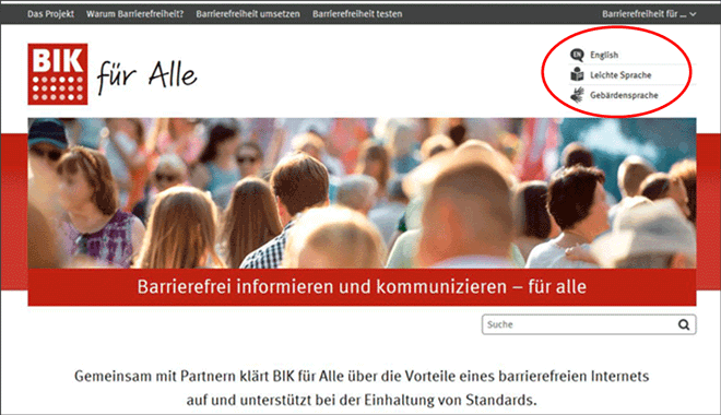 Screenshot unserer Startseite, Servicemenü oben rechts mit dem Link zu Informationen in Gebärdensprache hervorgehoben
