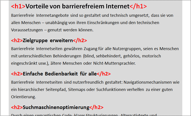 Text aus drei Überschriften und Absätzen: Die Überschrift erster Ebene ist mit h1 ausgezeichnet, die Überschriften zweiter Ebene mit h2