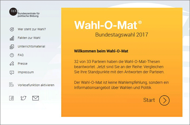 Startseite des Webangebots Wahl-O-Mat Bundestagswahl 2017