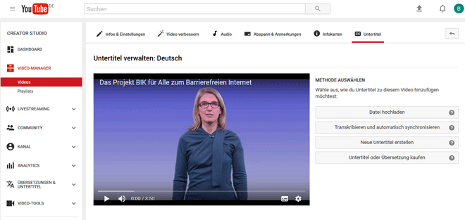 Screenshot der Untertitel-Verwaltung des YouTube Video-Managers