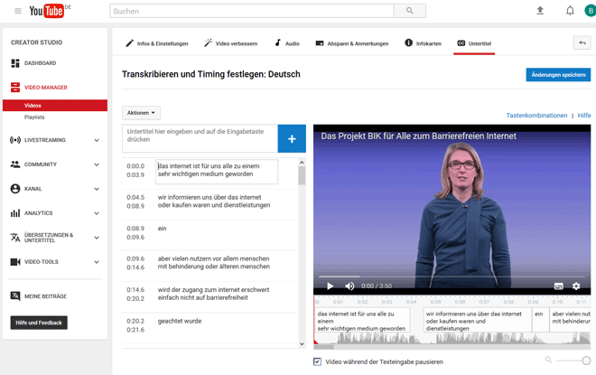 Screenshot des YouTube Video-Managers im Bearbeitungsmodus für automatische Untertitel