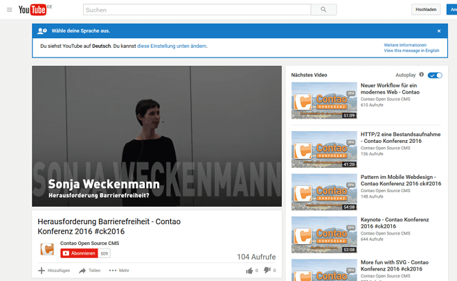 YouTube-Kanal der Contao Konferenz, Videomitschnitt des Vortrags 'Herausforderung Barrierefreiheit'