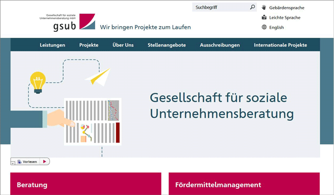 Sartseite des Webangebots der Gesellschaft für soziale Unternehmensberatung (gsub)
